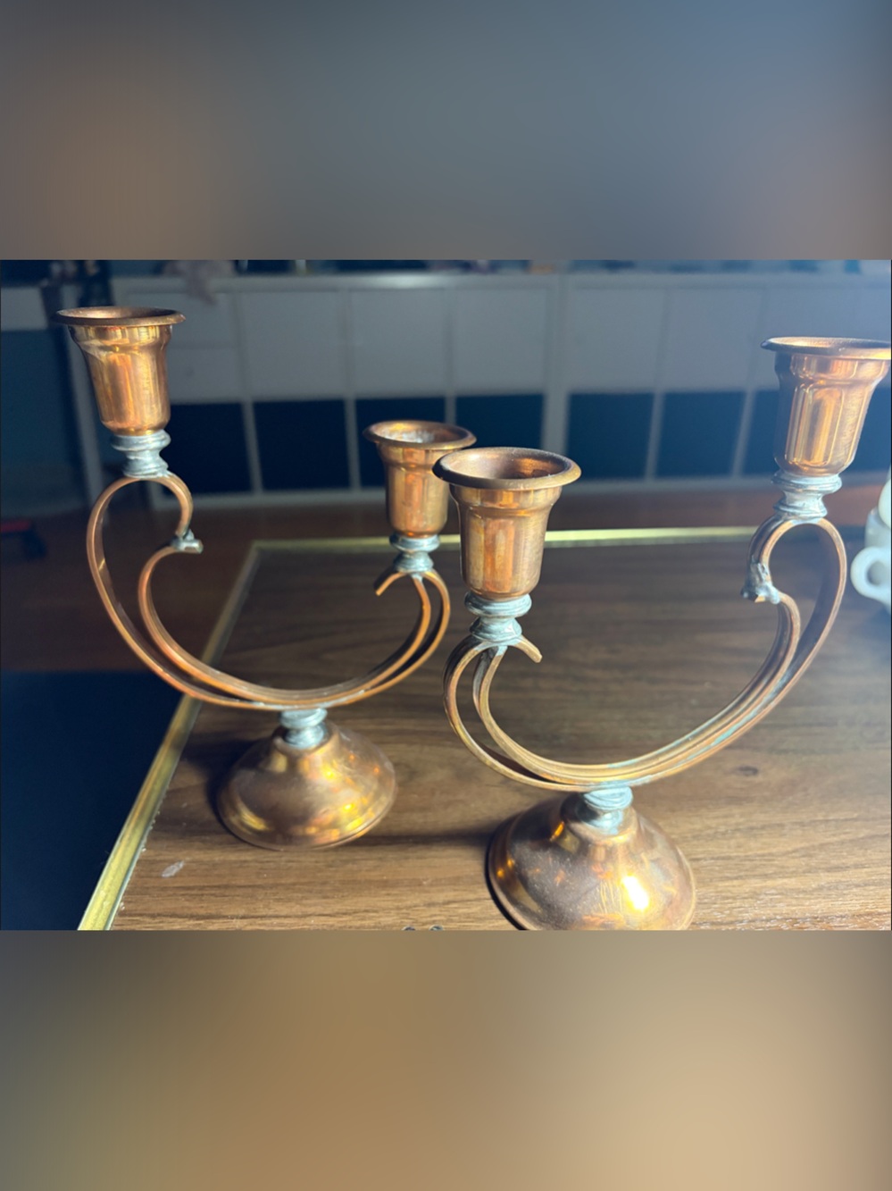 Vintage Venetian cooper candelabra set, Mid modern double candlestick holder